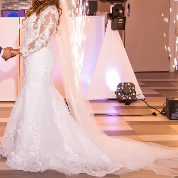 navy blue dress for baby girl Romantic Backless Lace Mermaid Long Sleeve Wedding Dress WD140 US12 / White main image 0